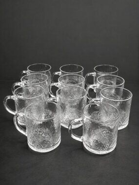 KIG Indonesia Clear Glass Hibiscus & Tropical Leaf Mugs | Vtg Press Glass Set\11